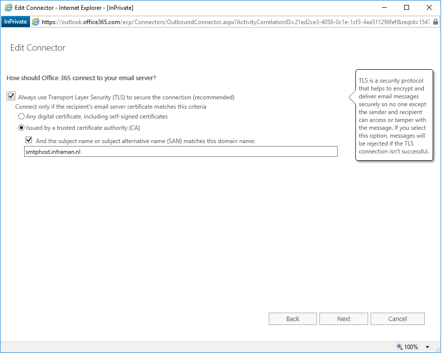 office 365 send connector certificate
