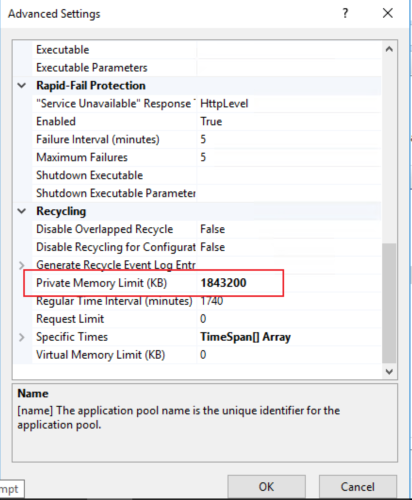 WSUS App Pool advanced settings