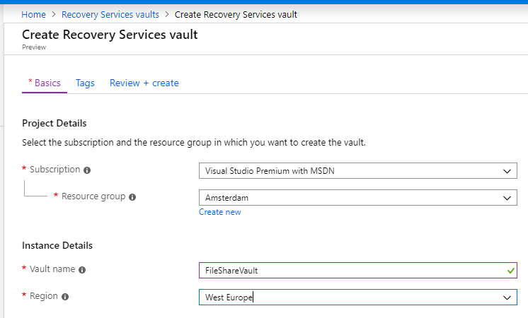 Create Recovery Services Vault
