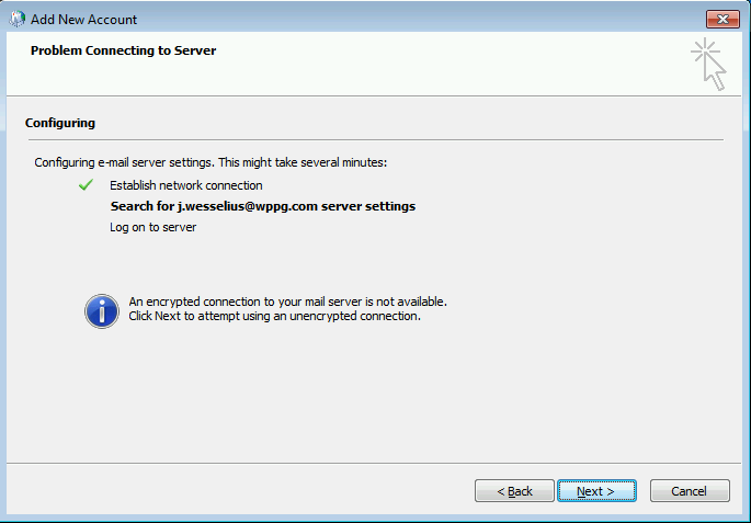 An encrypted connection to your mail server is not available