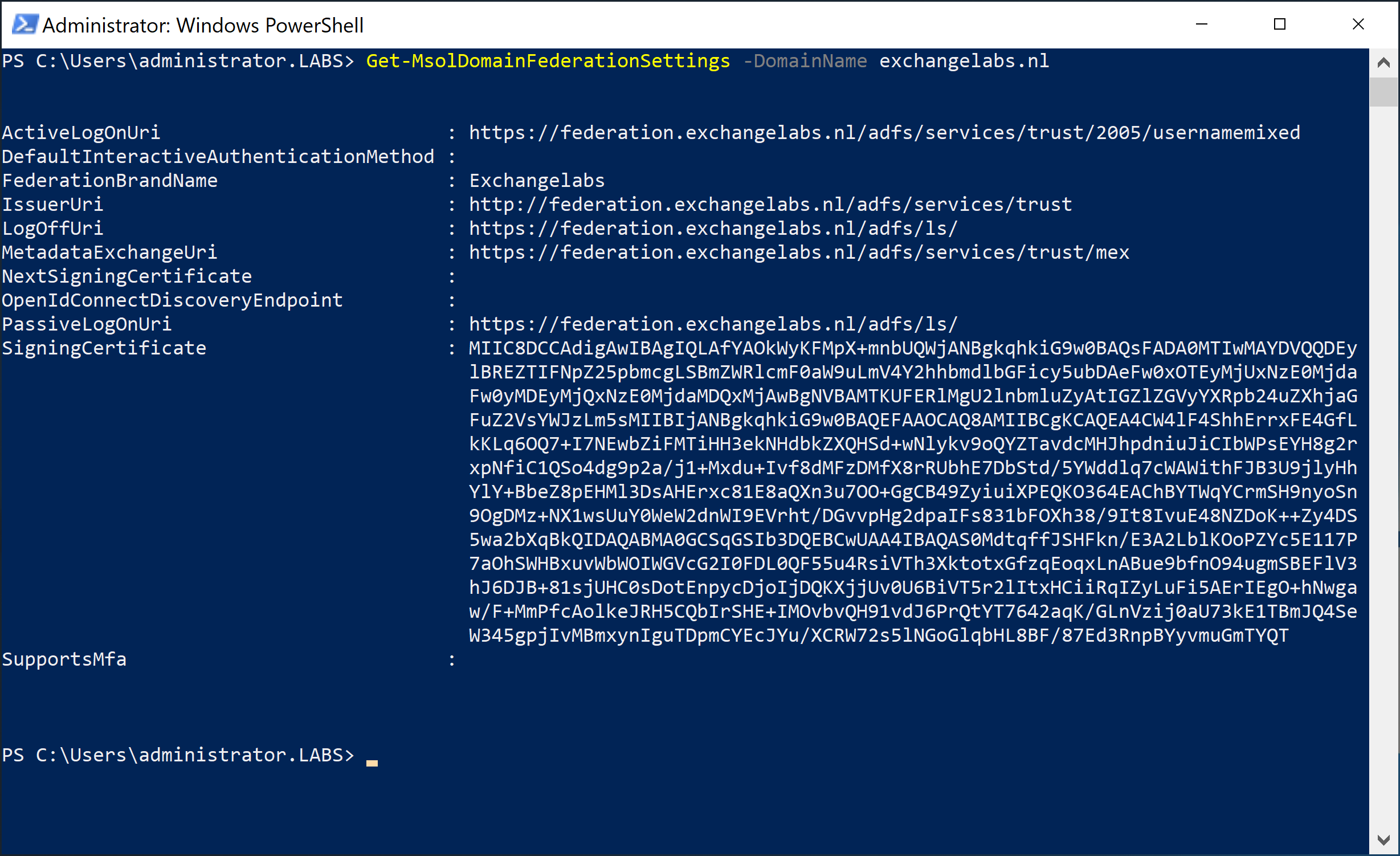 Get-MsolDomainFederationSettings