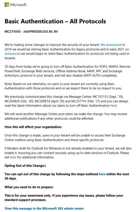 Microsoft disables basic authentication in Office 365 | Jaap Wesselius